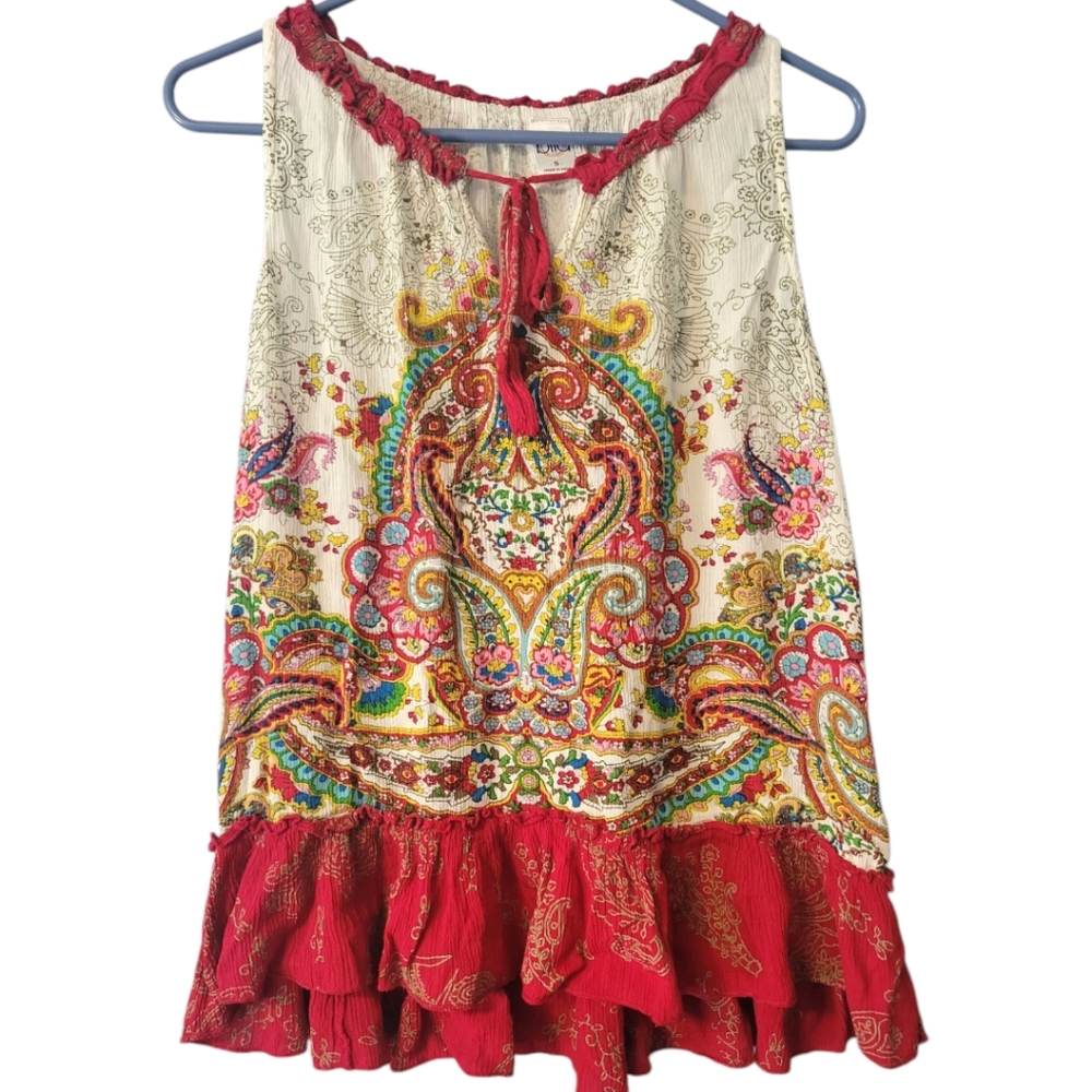 Women's Bila Multicolored Paisley Print Boho Blouse With Tassels Medium